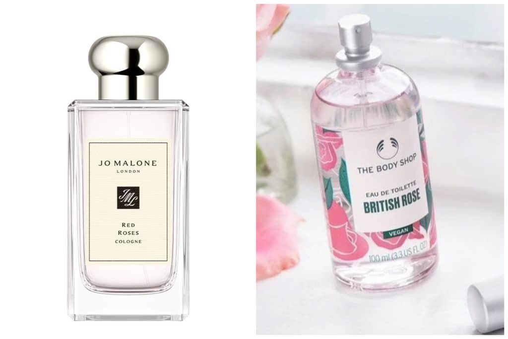 An image showing The Body Shop British Rose eau de toilette perfume and the Jo Malone Red Roses cologne alternative