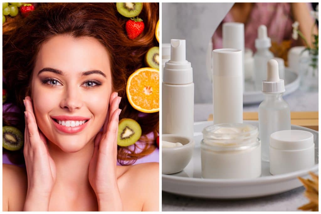 Images showing healthy foods, glowing skin and cosmetic products, showing ways to save money on facial care.