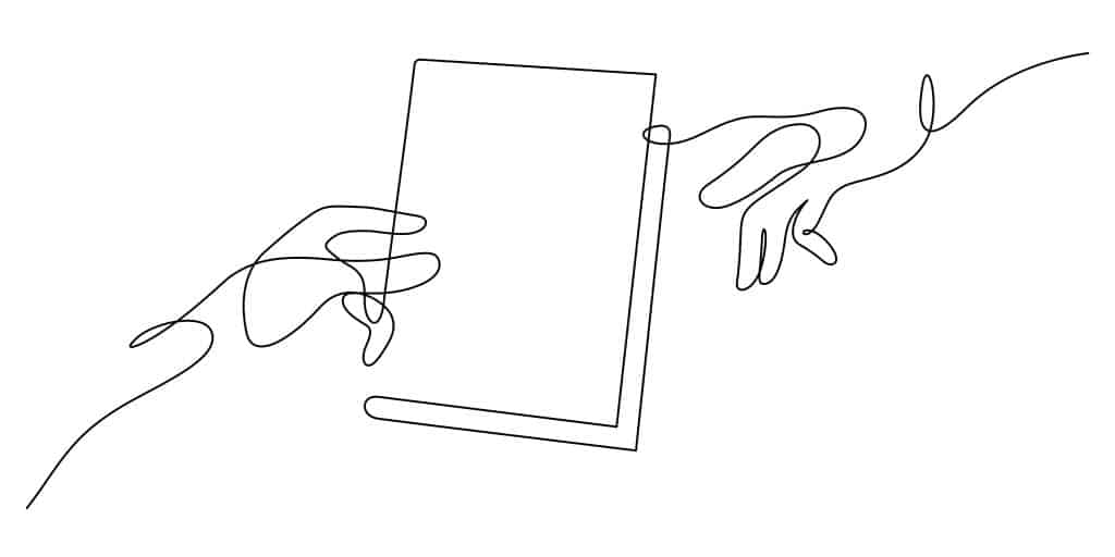 Image of two abstract hands in a hand-off of the impression of a book.