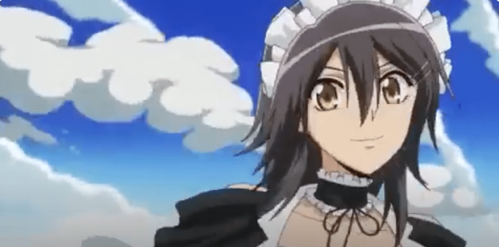 The image shows an anime-style female character. She appears to be a young woman with shoulder-length dark brown or black hair that has a layered, slightly tousled appearance. Her hair frames her face, with some strands falling around her shoulders. She has a fair complexion and large, expressive brown eyes with a hint of yellow or gold in the irises. Her nose is small and subtly defined, and her mouth is slightly curved into a smirk or a subtly amused expression. Her facial features are delicately rendered in the style of anime.
Her body build is slender, and her posture is upright and confident. She is wearing a maid outfit; a classic style featuring a black short-sleeved bodice or top with white lace trim at the collar and cuffs. A white apron-like piece is visible beneath the bodice. The top is tied at the neck with dark-colored ribbons. She also wears a white maid's cap.