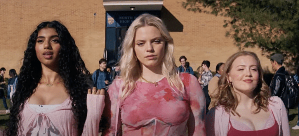 Avantika Vandanapu (Karen), Reneé Rapp (Regina), and Bebe Wood (Gretchen) in the movie musical "Mean Girls" (2024)