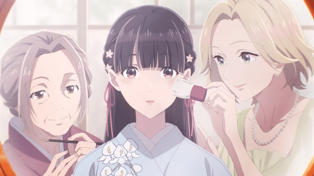 Close-up of three anime female characters. 
A middle-aged woman, with graying hair tied back, appears to be applying makeup to a young woman with black hair styled in a half up half down way. The young woman is wearing a light-purple/lavender-colored kimono-style dress decorated with white flowers. Her expression is calm and gentle. 
A woman with light blonde hair is applying makeup to the young woman in the center.  Her blonde hair is styled in a slightly wavy fashion.  She is wearing a light yellowish-green top and a pearl necklace. 
The overall style of the image is anime-typical, with smooth lines and vibrant color palette. The lighting is soft and diffused, emphasizing the characters' features. The background is out of focus and hints at an indoor setting, possibly a room.