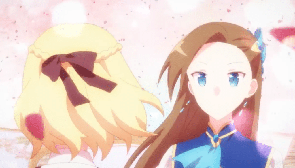 Full shot of two anime-style female characters. 
The character on the left has shoulder-length, light yellow-blonde hair styled with a side braid adorned with a large, dark-purple/black bow at the top of her head. Her face is not fully visible, and she appears to be looking slightly away from the camera, her body angled toward the other character.
The character on the right has long, light brown hair that falls past her shoulders. Her eyes are a vibrant, light blue, and she is wearing a stylized, slightly traditional-looking, royal blue garment with light bluish accent details. A small, light-blue decorative element is on the side of her head, near the hair. Her expression is neutral and calm. 
A soft, light-pinkish-white backdrop, suggestive of falling petals or light,  fills the background, adding a dreamy, ethereal quality to the scene.