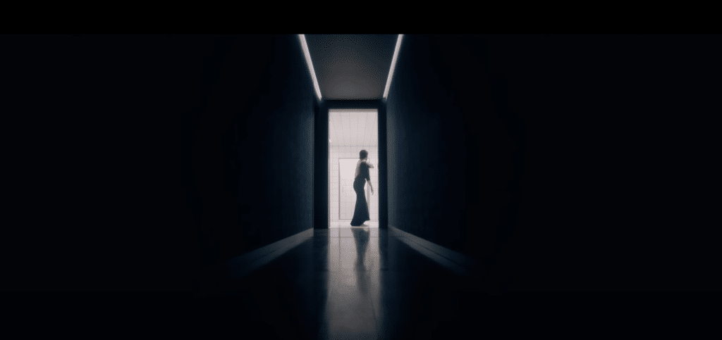 A long hallway with a woman's (Elisabeth's) silhouette