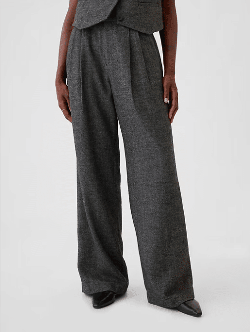 Gap 365 High Rise Brushed Twill Pleated Trousers in grey herringbone color.