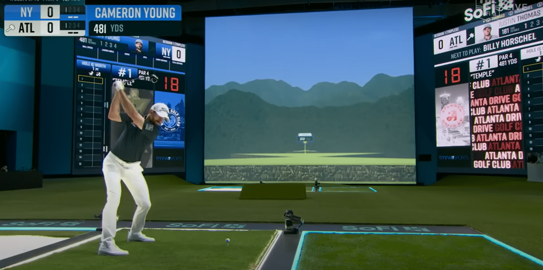 TGL player during a swing into the 150-foot simulator screen.