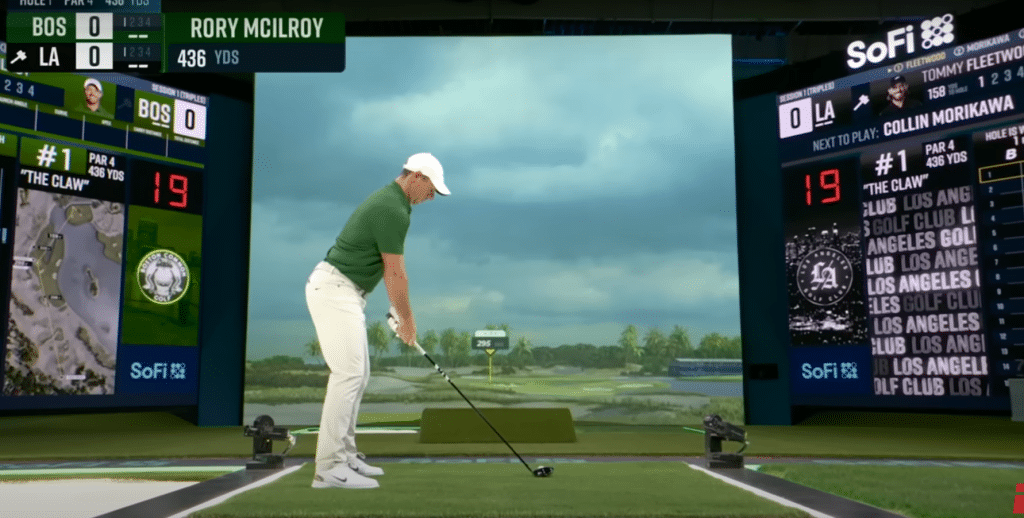 Boston's Rory McIlroy lining up his opening tee shot against Los Angeles Golf Club.
