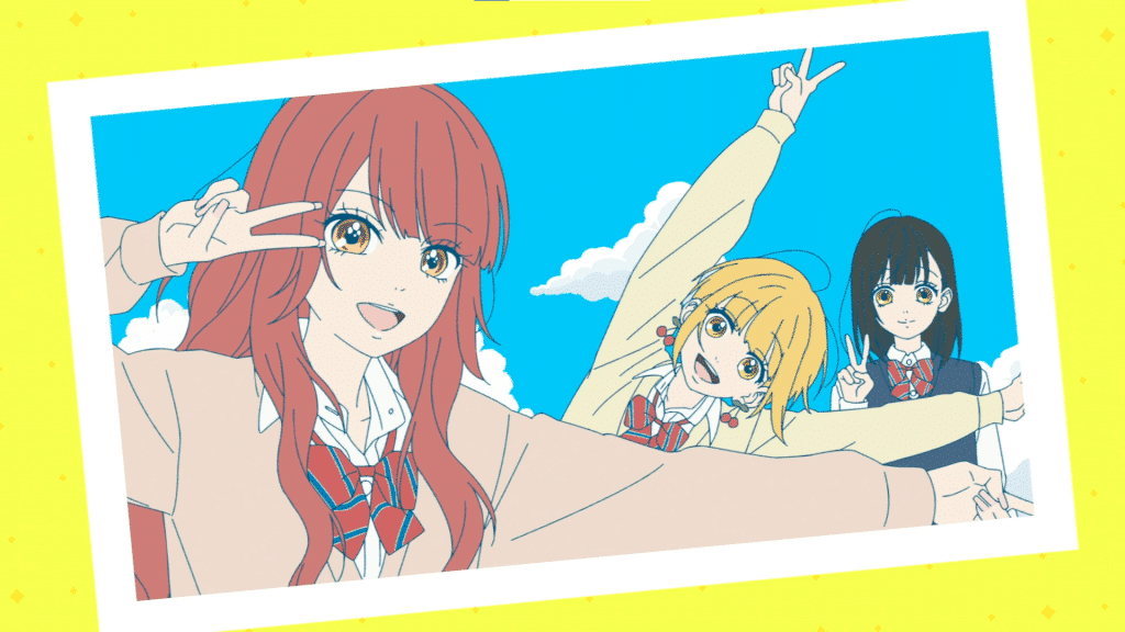 From left to right: Serina Kanno, Ayumi Endou, and Uka Ishimori posing in a photo from the Honey Lemon Soda's ending.