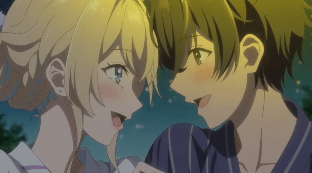 Close-up of two anime characters, a young woman and a young man, facing each other. The woman has light blonde hair styled in a loose updo, and her expression is one of soft, gentle affection. 
Her cheeks are flushed a light pink, and her eyes are a light grayish-blue and gazing slightly towards the man. She seems to be leaning toward him. Her mouth is slightly open and suggests a soft smile or possible interaction.
The man has short, dark brown hair and a somewhat similar light blush on his cheeks. His expression seems similarly affectionate, with his eyes slightly open, and mouth a little open, as though in the midst of conversation or a moment of tenderness. 
Both characters are dressed in casual, possibly informal attire. The man is wearing a striped, pale-purple/periwinkle patterned robe top. She seemingly wearing a similar light top. The background is slightly blurred with a soft blue-gray night sky effect. Small light spots or sparkles suggest a nighttime or atmospheric effect. The overall impression is of a tender, close moment between two characters, possibly romantic or intimate.