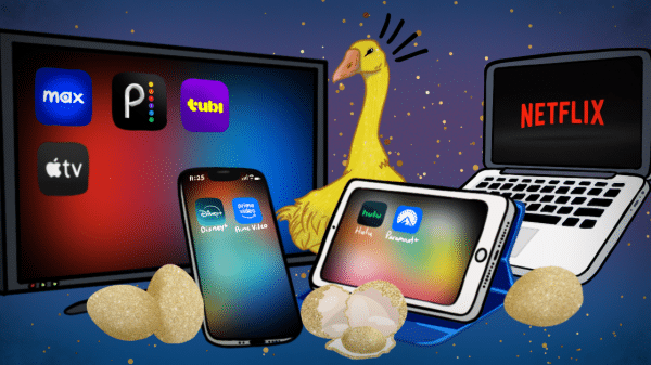 The infinite choices of streaming shown with movile devices and a golden goose