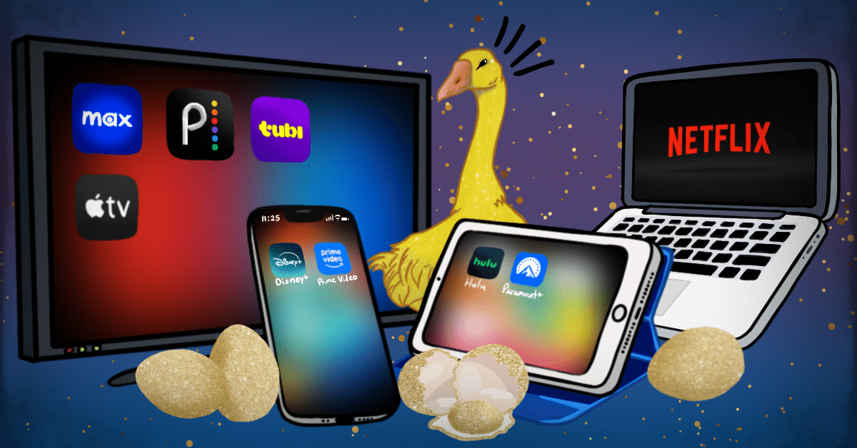 The infinite choices of streaming shown with movile devices and a golden goose