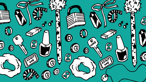 Set of trendy trinkets on a turquoise backdrop