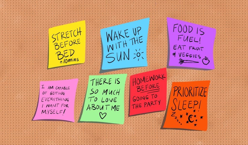 Colorful sticky notes on a corkboard displaying motivational reminders and healthy habits, including stretching, waking up early, prioritizing sleep, and setting goals. A visual representation of goal setting, self-trust, and personal growth.