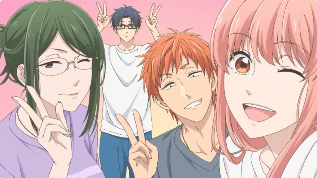 A group of anime characters, with diverse hair colors, are posing for a photo, smiling and making peace signs.
The scene composition is a close-up group photo. Four characters are positioned closely together, interacting through smiles and gestures. The characters are presented in a dynamic and engaging posture, each with a clear expression of happiness and joy. The framing is tight, focusing primarily on the characters' faces and upper bodies. The elements are arranged to create a sense of unity and camaraderie within the group.
The key subjects are four anime-style characters. The girl with dark green hair is wearing glasses and a light purple top. The boy with orange hair is wearing a gray top. The girl with pink hair is wearing a light-colored top, while the boy with dark brown hair is wearing a light-colored top. Each character displays expressive features and poses, consistent with anime aesthetics. Their attire is simple and casual, reflecting a relaxed and friendly atmosphere.
The artistic medium is digital illustration, characteristic of anime. The style utilizes vibrant colors and a simplified visual language. The characters have large eyes, exaggerated features, and dynamic poses, common traits of anime. The linework is clean and detailed, and the colors are soft and blended, enhancing the overall aesthetic appeal of the work.
The setting is a studio or a similar enclosed space, evidenced by the lack of a visible background or environment. The lighting conditions are even and soft, enhancing the characters' expressions without creating harsh shadows. The background features a light, pink or light purple gradient, adding to the playful atmosphere. The overall atmosphere is cheerful, optimistic, and lighthearted, typical of an animated cartoon or anime image.
