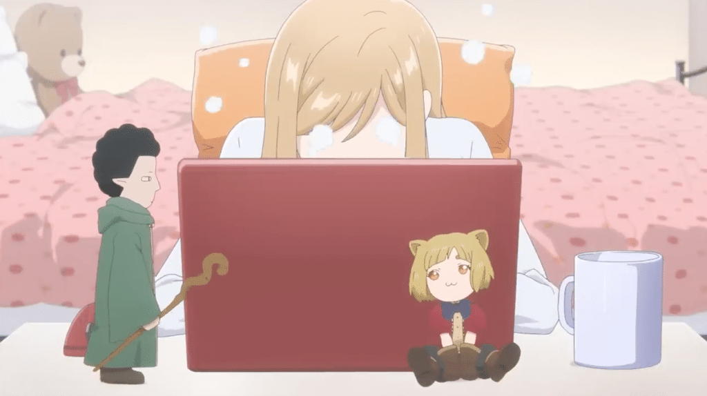 A young woman with blonde hair is engrossed in a laptop, surrounded by light pink bedding and small decorative items in an anime-style scene.
The scene is composed within a bedroom setting. The central figure, a young woman, is positioned in the middle ground, her attention focused on the laptop.  Her expression suggests concentration.  A small, stylized figure with cat ears is placed behind the laptop.  Another small figure of a boy wearing a long-sleeved robe and holding a staff stands on the left side of the scene. The framing is fairly tight, focusing the viewer's attention on the woman's interaction with the laptop. 
The young woman features light blonde hair, a round face, and is looking intently at the laptop. She is dressed in a simple white/light-colored top. The boy figure is small in stature, has curly dark hair, and wears a long robe. The small figure on the laptop appears to be a stylized cat-eared character. 
The style is anime-inspired, characterized by simplified shapes and bright colors, with soft lighting. The characters and objects have a cartoonish appearance with large, expressive eyes. The artistic medium appears to be digital, with smooth lines and a focus on flat color design. 
The setting is a bedroom, with light pink bedding.  The colors and lighting are soft and subdued, creating a cozy, pleasant atmosphere.  The colors suggest a calm, peaceful interior. The lighting in the scene is gentle and diffused.