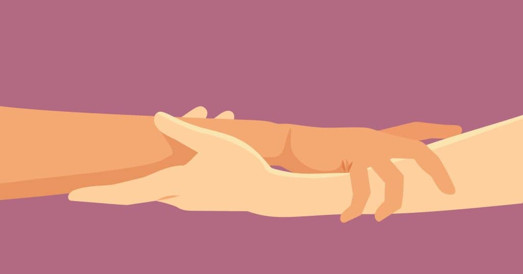 Illustration of two hands holding each other, symbolizing self-trust, support, and personal growth. A visual representation of the connection between self-love and personal development in building confidence and resilience