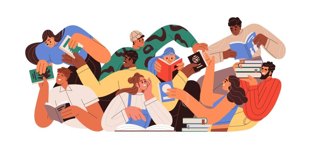 People sharing books with each other to discuss.