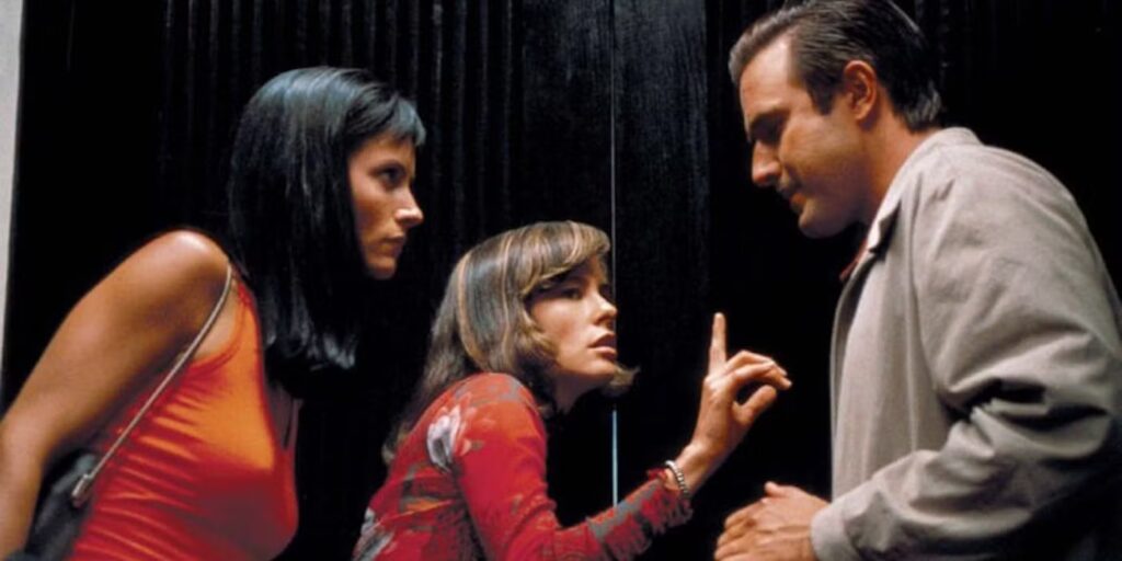 Courteney Cox, David Arquette, and Parker Posey's characters are horrified in Scream 3, a must-watch for all film and acting majors. 