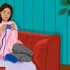 Young woman knitting on a sofa at home.