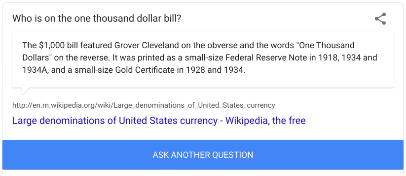I'm feeling curious , OK, Google, Who is on the one thousand dollar bill? Answer from Wiki:
Grover Cleveland is on ,000 dollar bill.