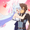 A silver haired anime wolf girl is hugging a boy with brown hair and a black adventurer outfit. Image Credit: Crunchyroll