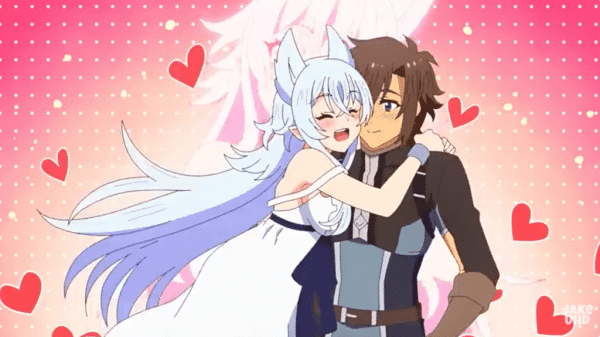 A silver haired anime wolf girl is hugging a boy with brown hair and a black adventurer outfit. Image Credit: Crunchyroll