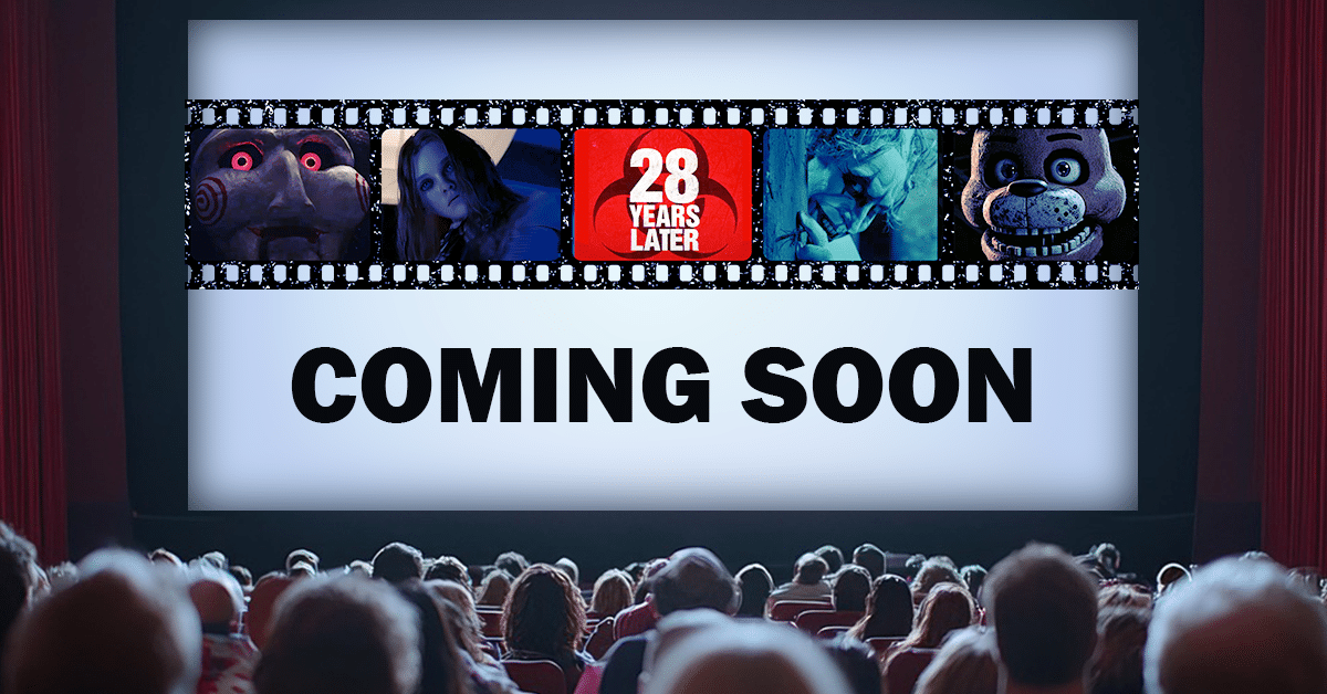 A theater filled with viewers look at a screen filled with five horror movie images and the words "Coming Soon."