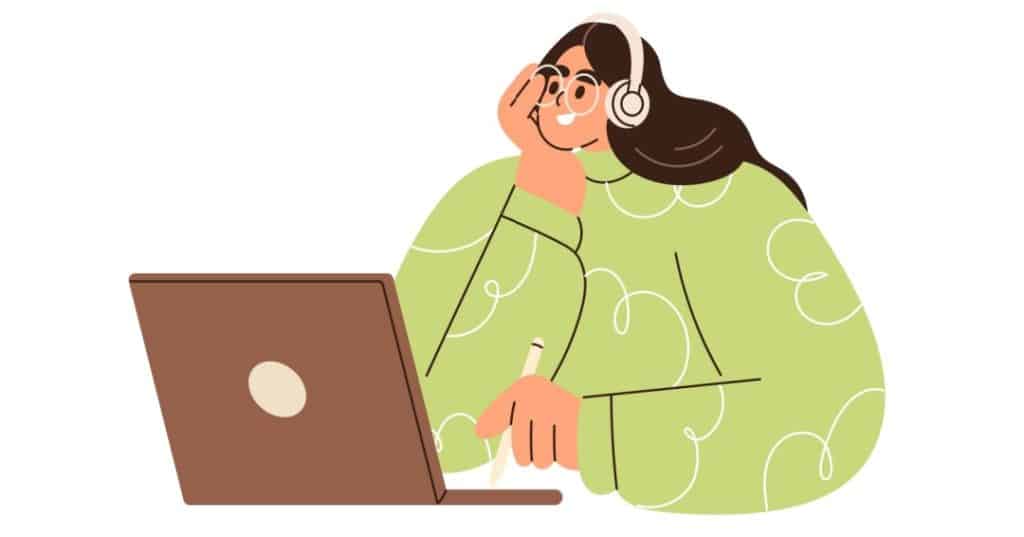 Illustration of a woman wearing headphones, engaged in goal setting and planning on her laptop. A representation of focus, productivity, and personal growth through goal achievement