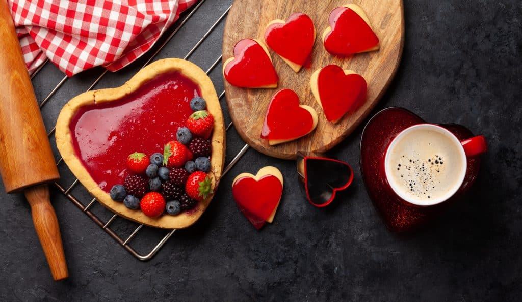 Heart,Shaped,Sweet,Cake,With,Berries,,Coffee,And,Cookies.,Valentines