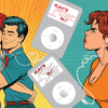 A graphic of a couple in comic-book style embracing and listening to a playlist called "They Love Me" while another woman looks on in frustration, listening to a playlist called "They Love Me Not."