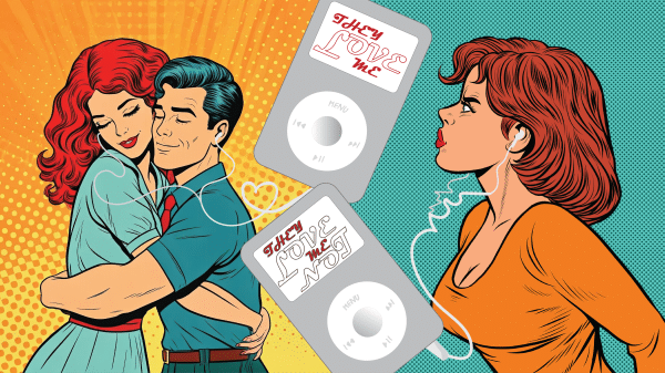 A graphic of a couple in comic-book style embracing and listening to a playlist called "They Love Me" while another woman looks on in frustration, listening to a playlist called "They Love Me Not."