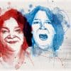 A banner with a distressed beige background and two watercolor-style photos of Jade Neal. The left image is recolored red and the right is recolored blue. Surrounding both images are red and blue dots and arrows.