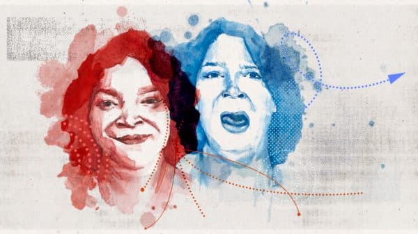 A banner with a distressed beige background and two watercolor-style photos of Jade Neal. The left image is recolored red and the right is recolored blue. Surrounding both images are red and blue dots and arrows.