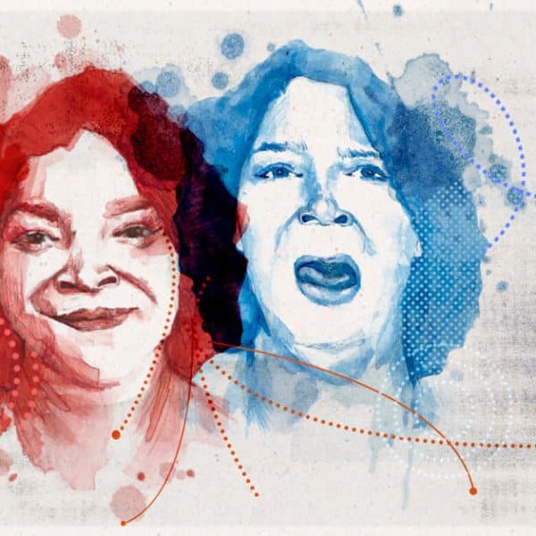 A banner with a distressed beige background and two watercolor-style photos of Jade Neal. The left image is recolored red and the right is recolored blue. Surrounding both images are red and blue dots and arrows.