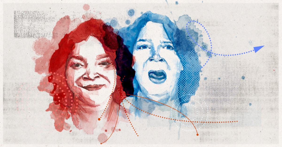 A banner with a distressed beige background and two watercolor-style photos of Jade Neal. The left image is recolored red and the right is recolored blue. Surrounding both images are red and blue dots and arrows.