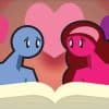Illustration of a male character in blue and a female character in pink, looking at each other with love, surrounded by hearts on a pink gradient background.