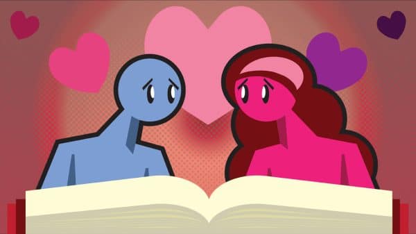 Illustration of a male character in blue and a female character in pink, looking at each other with love, surrounded by hearts on a pink gradient background.