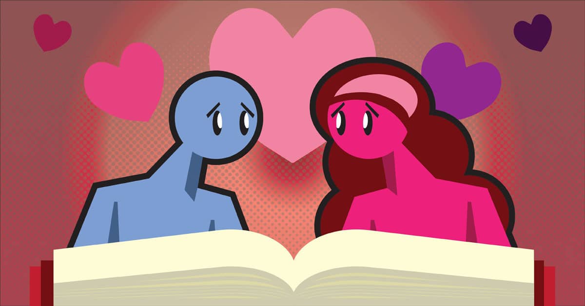 Illustration of a male character in blue and a female character in pink, looking at each other with love, surrounded by hearts on a pink gradient background.