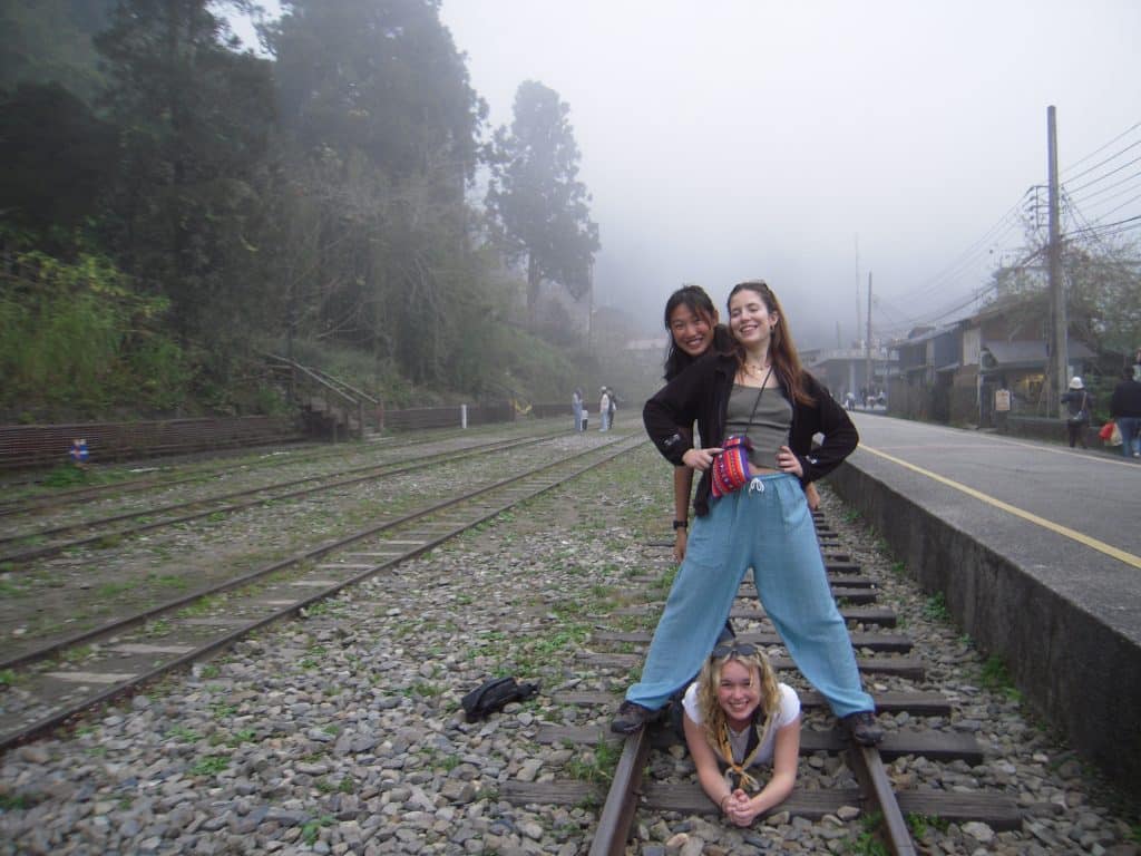 Fenqihu old town in Taiwan had awesome vibes, seen in this foggy picture on the train tracks.