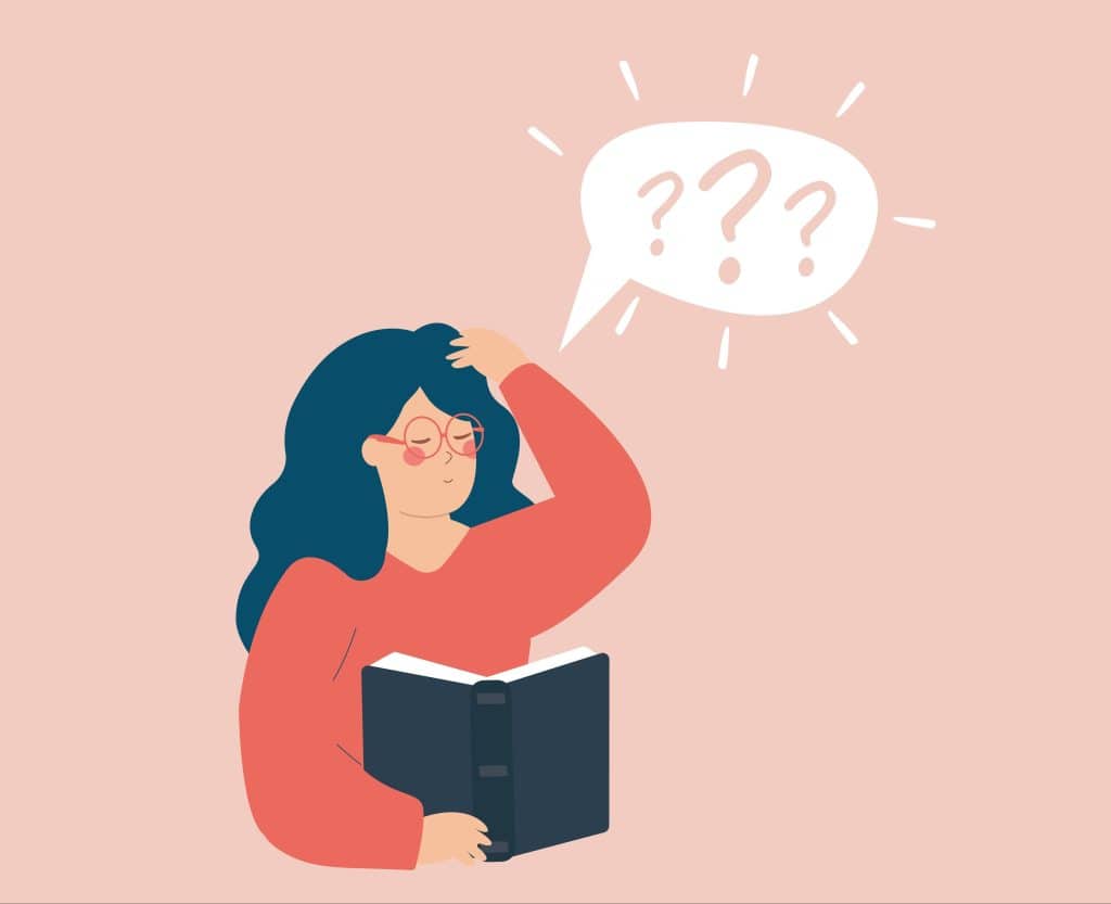 Image of a cartoon light skinned woman with long blue-black hair and glasses with a contented expression and question marks above her head.
