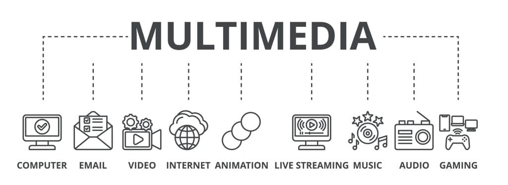 Image of different types of media and symbolic icons representing them on a white background.
