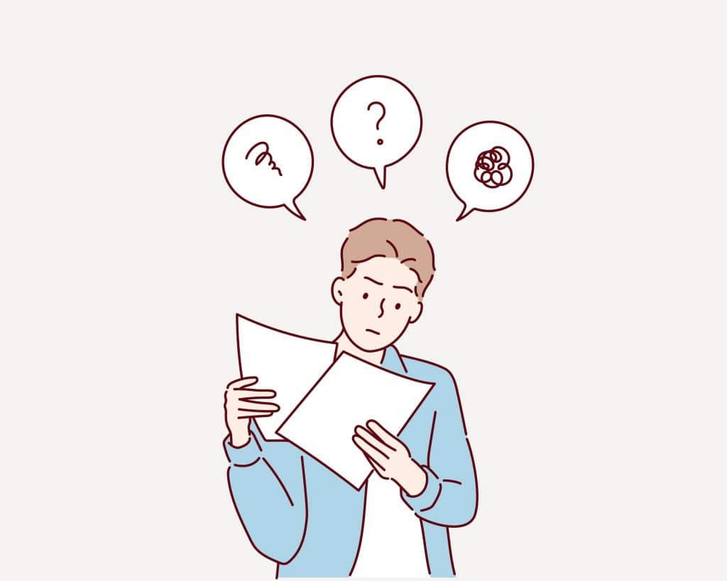 Image of a confused person who cannot make sense of what is writtenon the papers they are reading, or who is frustrated with what they are reading.