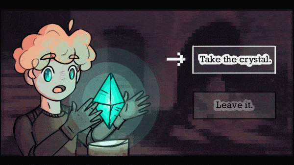 Gif of a blond(e) cartoon character being drawn to a blue glowing crystal, with two 'selectable' opinion or either taking the crystal or leaving it.