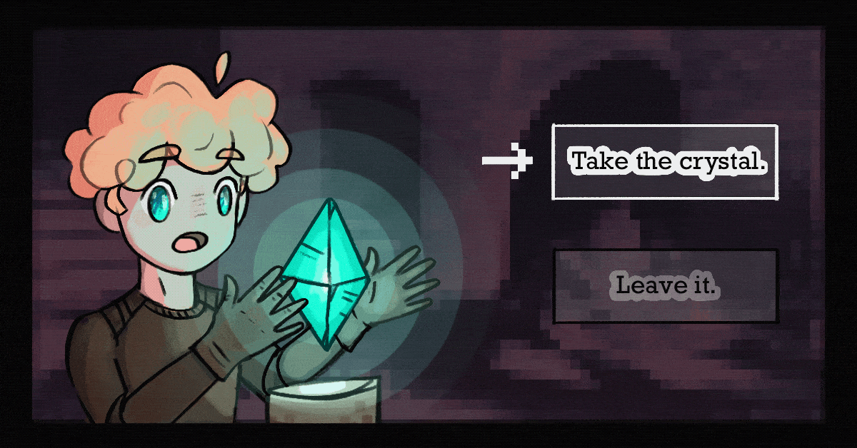 Gif of a blond(e) cartoon character being drawn to a blue glowing crystal, with two 'selectable' opinion or either taking the crystal or leaving it.