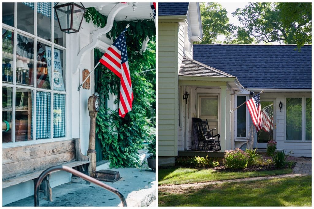 Image showing American flags outside houses, a feature to look out for on your next trip to the USA.
