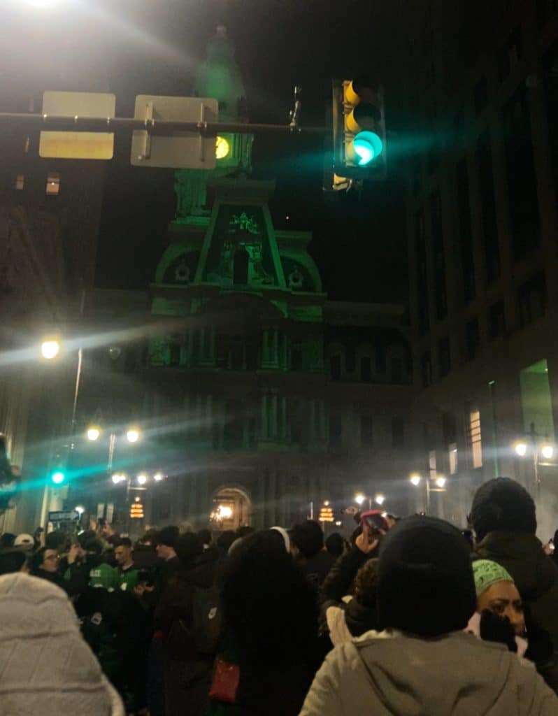 Broad Street lit green after the Super Bowl win