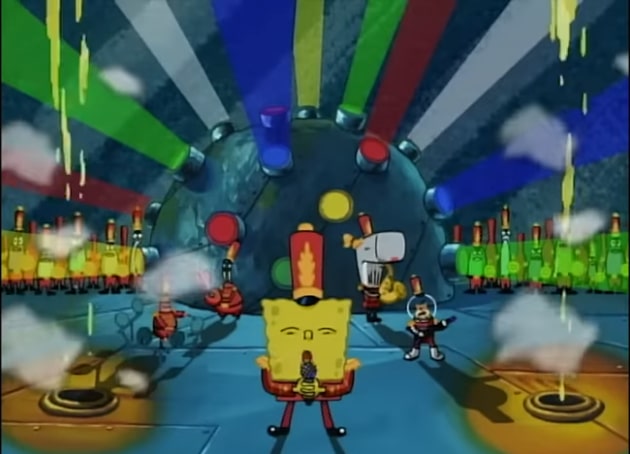 The cast of SpongeBob singing Sweet Victory.