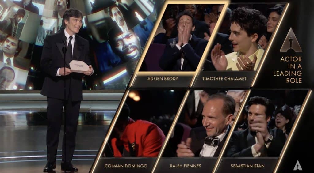 Cillian Murphy announcing Best Actor while sharing the screen with the nominees, Adrien Brody, Timothée Chalamet, Colman Domingo, Ralph Fiennes, and Sebastian Stan.