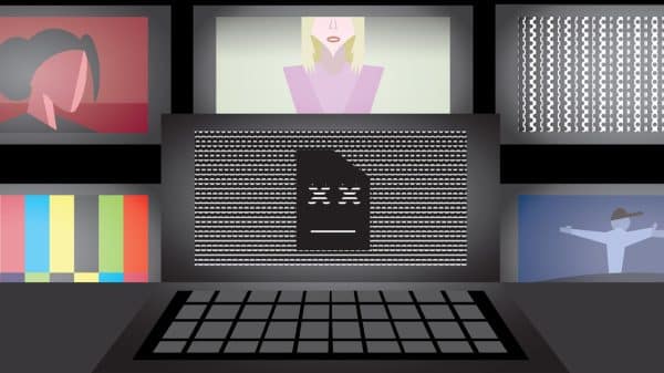 Graphic of glitched computer on table, fuzzy TVs in the background with unidentifiable figures.