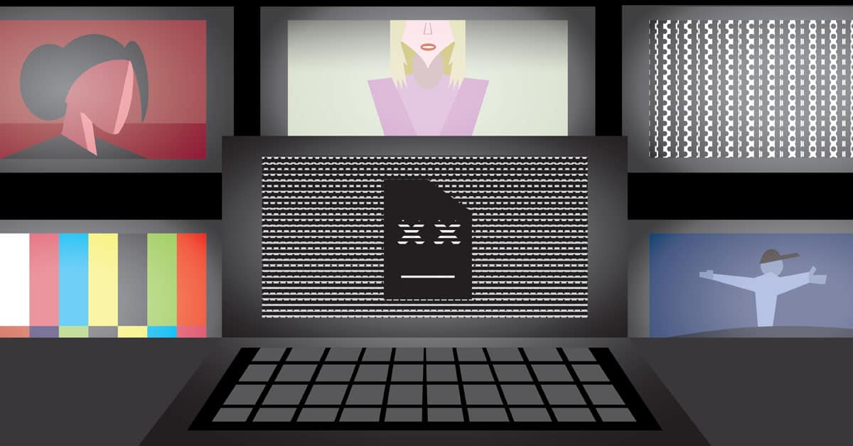 Graphic of glitched computer on table, fuzzy TVs in the background with unidentifiable figures.